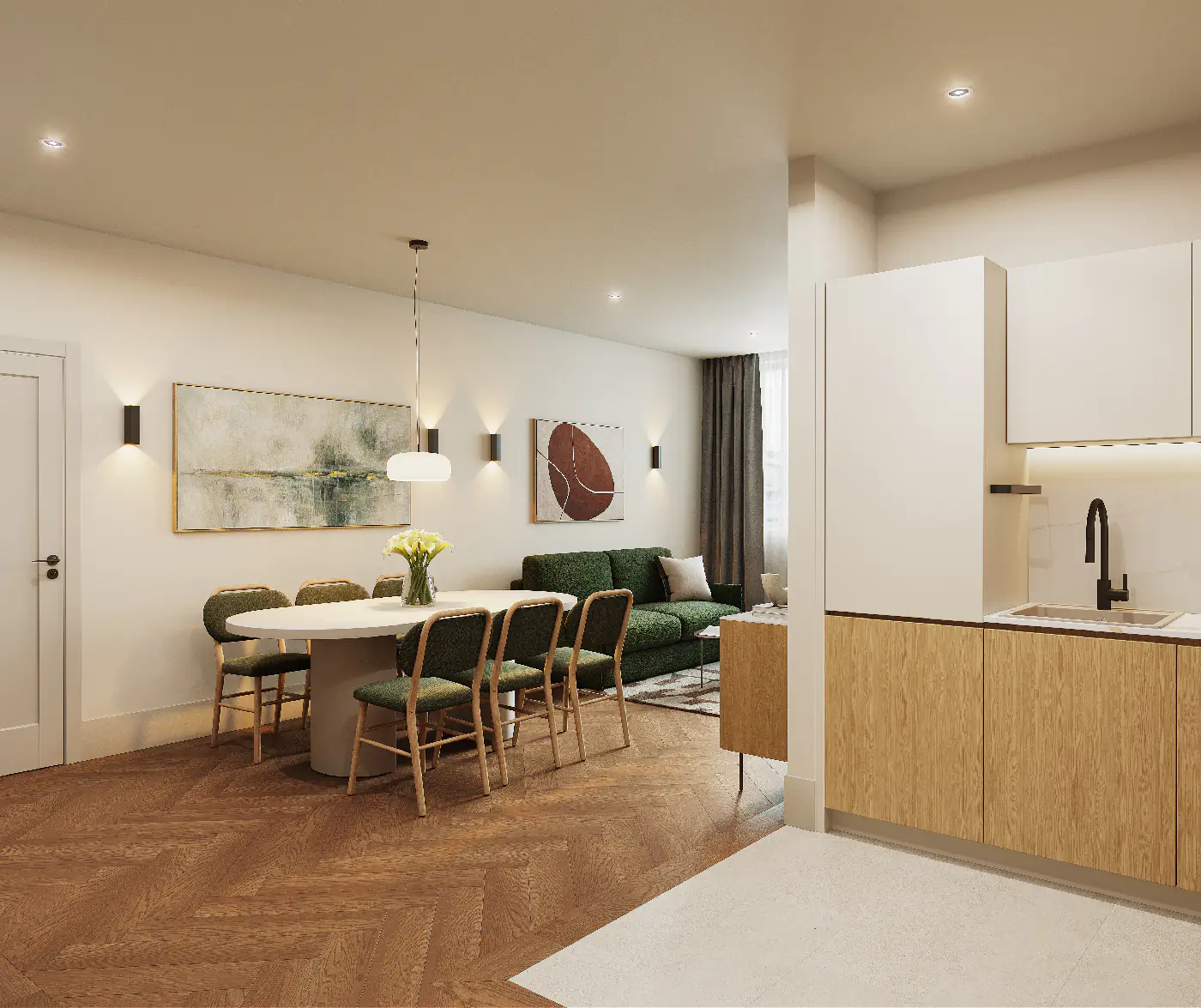 Modern open-plan layout featuring a dining area, green sofa, and kitchen in the two bedroom apartment at master Wola Warsaw.