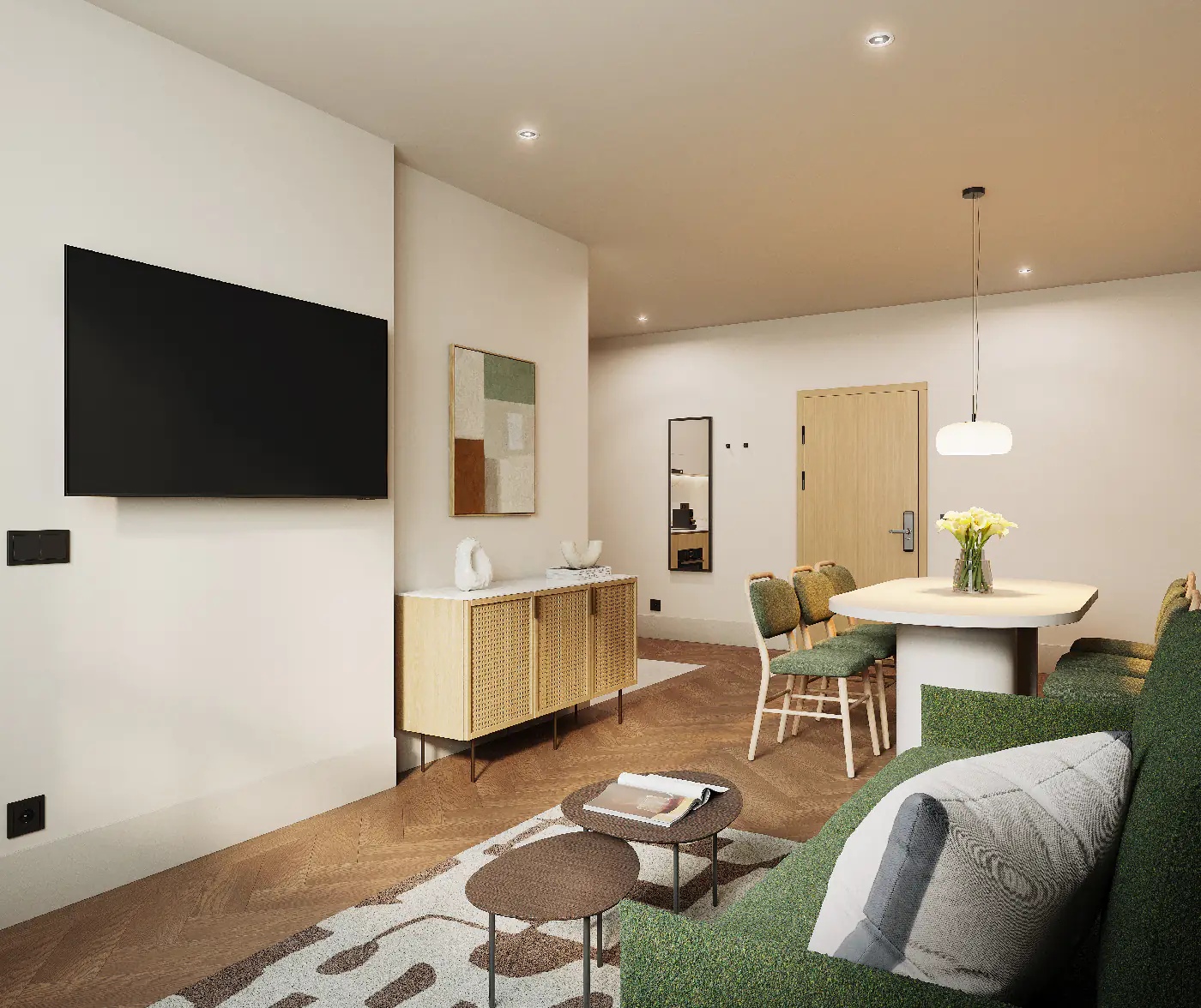 Comfortable living area with wall-mounted TV, sideboard, and dining seating for six in the two bedroom apartment at master Wola Warsaw.