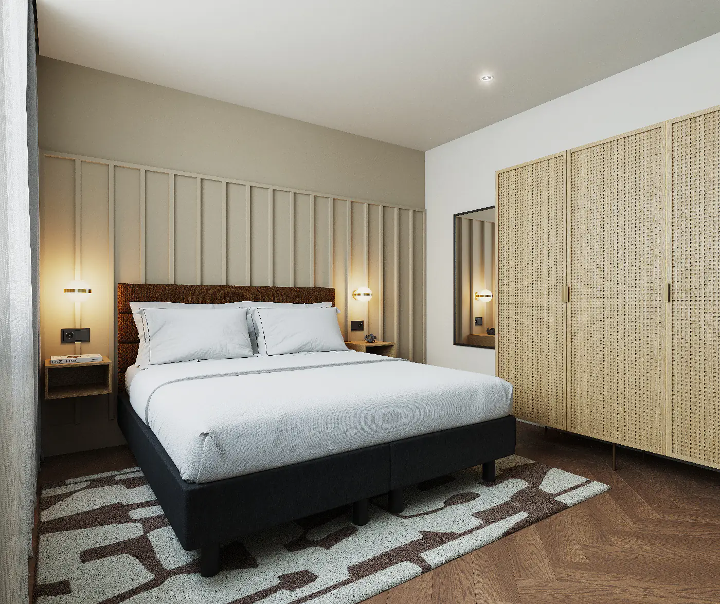 King-size bed, bedside lights, and spacious wardrobe storage inside the two bedroom apartment at master Wola Warsaw.