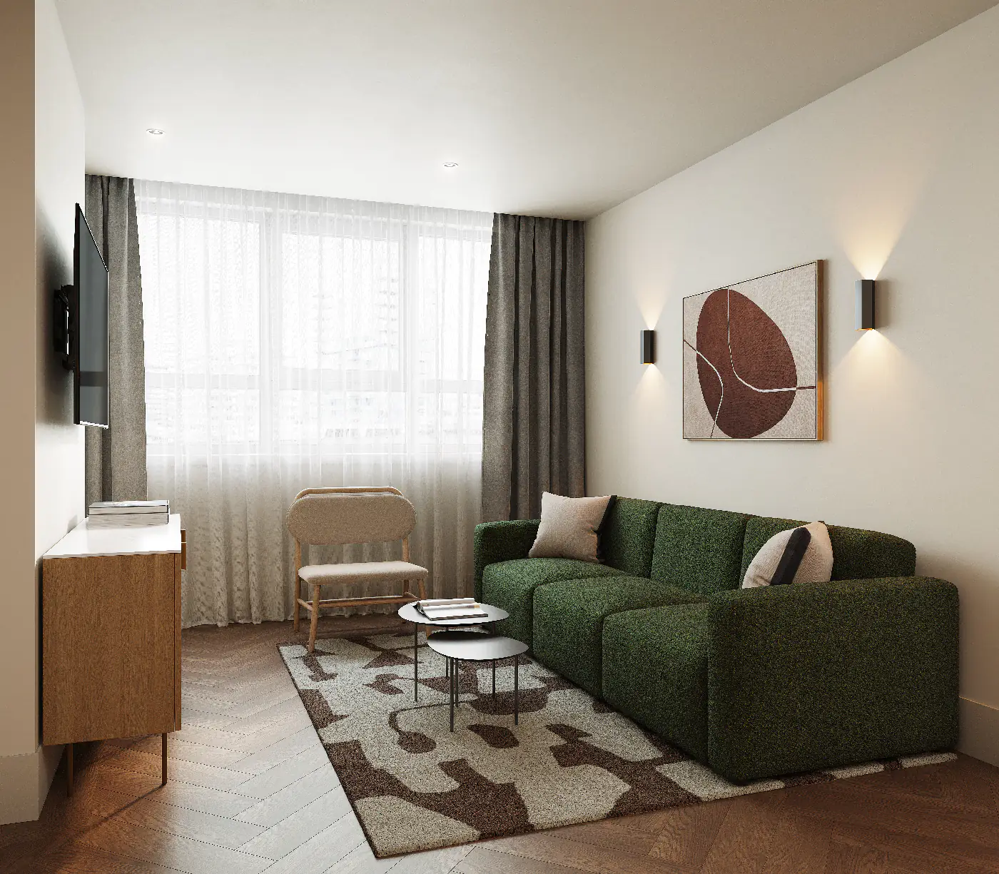 Bright living area with large windows and cozy seating in the three bedroom apartment at master Wola Warsaw.