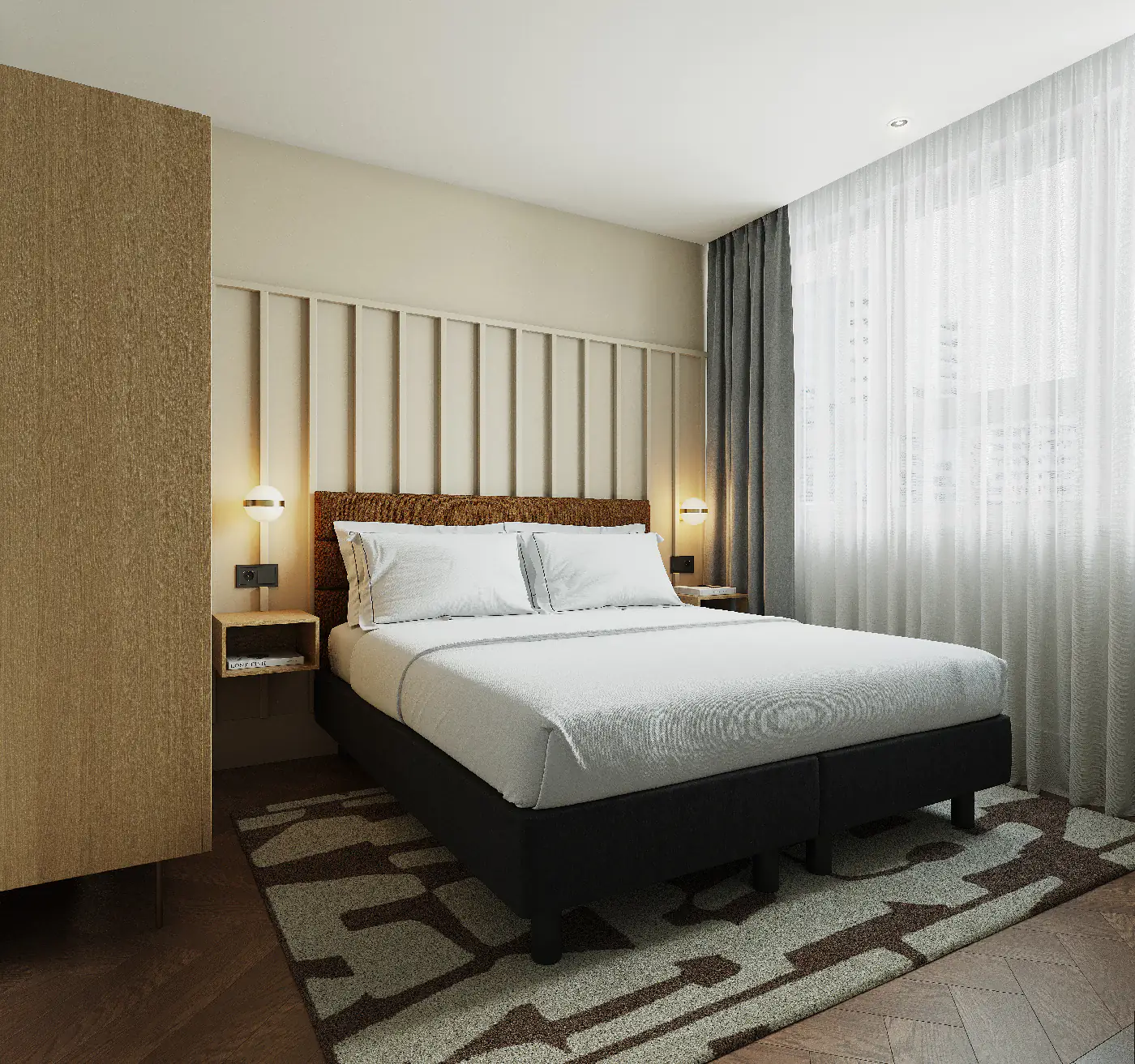 First bedroom with king-size bed, wood panel headboard, and bedside lighting in the three bedroom apartment at master Wola Warsaw.